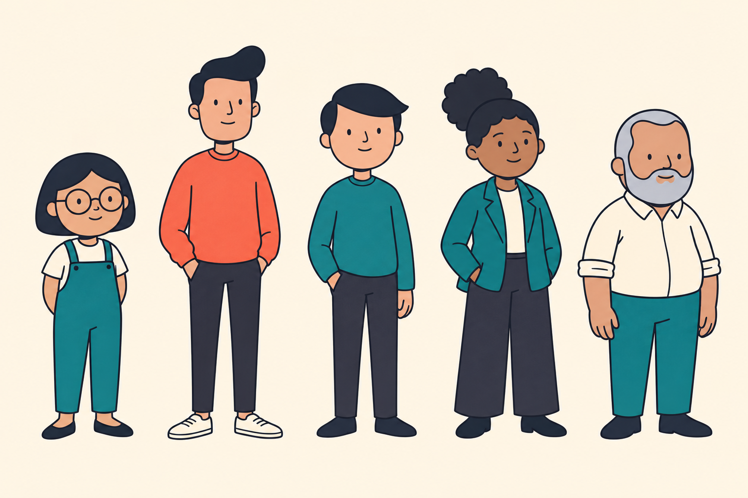 Maya, age 17; Leo, age 24; Alex, age 33; Nina, age 49; Ben, age 72. Shown left to right.